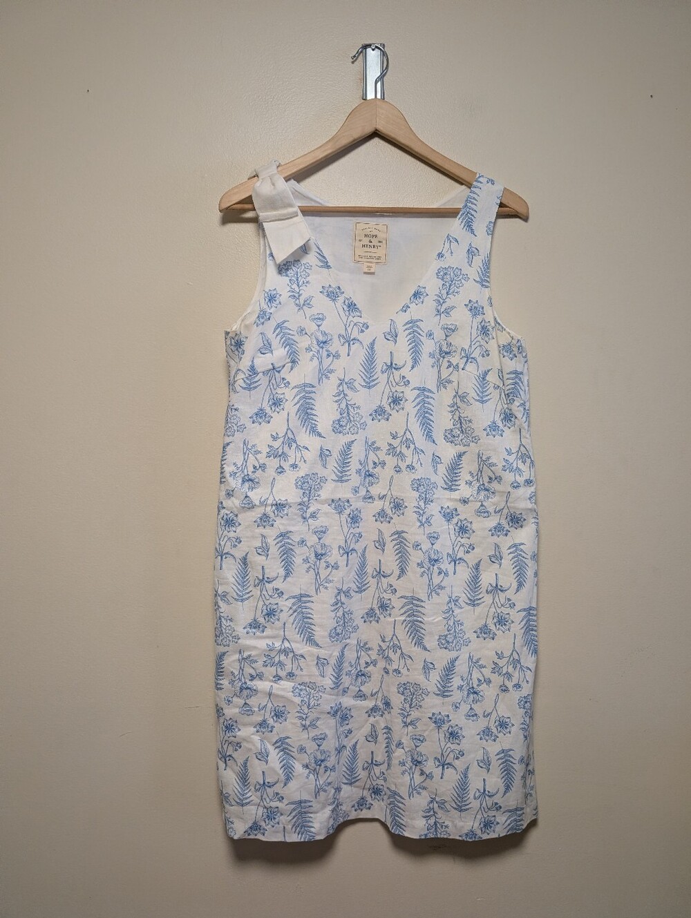 Hope & Henry Blue Floral Linen Cotton Bow Shoulder Shift Dress Size 10